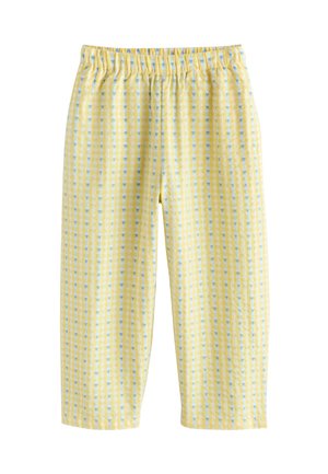 Gelbe Hosen mit elastischem Bund, blau-weiß kariertem Muster und kleinen Herzformen, auf weißem Hintergrund präsentiert.