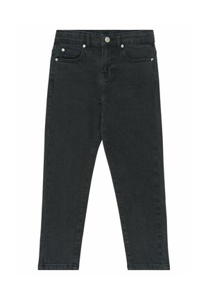 Jean en denim noir avec cinq poches, fermeture par boutons et passants de ceinture, posé à plat avec une coupe fuselée.