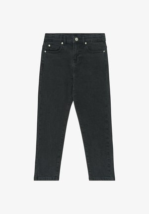 Sorte denimjeans med fem lommer, knaplukning og bæltestropper, lagt fladt med konisk ben design.