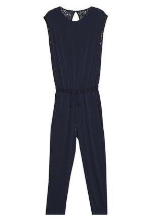 Combinaison sans manches bleu marine foncé avec taille élastique, cordon, détail en dentelle sur les épaules et ouverture en forme de goutte d’eau dans le haut du dos.
