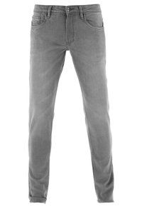 Jeans en denim gris à coupe slim, design à cinq poches, fermeture à bouton à l'avant et décoloration subtile le long des jambes. Texture lisse.