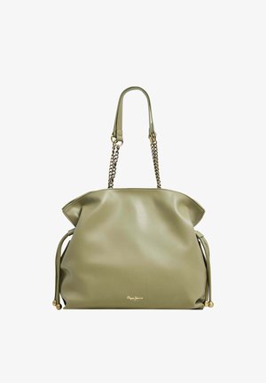 Olivengrüne Handtasche aus Kunstleder mit einem lässigen Design, Ketten- und Tragegriffen, seitlichen Zugbändern und einem dezenten Logo am Boden.