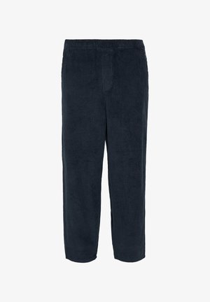 Pantalon en velours côtelé bleu marine avec une taille élastique, une coupe large et une texture à côtes verticales. Sans poches ni détails matériels visibles.