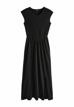 Schwarzes Kleid mit gerafftem Oberteil, kurzen Ärmeln und fließendem Rock. Hergestellt aus weichem Stoff mit einem seitlichen Schlitz für Bewegungsfreiheit.