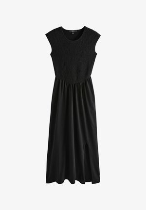 Must kleit kokkuköidetud ülakehaga, lühikeste varrukatega ja voolava seelikuga. Valmistatud pehmest kangast, millel on küljes lõhik mugavaks liikumiseks.