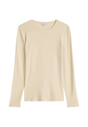 Kremowy prążkowany sweter z długim rękawem o okrągłym dekolcie, rozmiar mały, ułożony na płasko na białym tle.