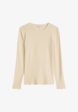 Kremowy prążkowany sweter z długim rękawem o okrągłym dekolcie, rozmiar mały, ułożony na płasko na białym tle.