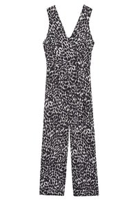 Mono de leopardo negro y blanco con cuello en V, diseño sin mangas, cintura ajustada y pantalones de pierna ancha. Tejido ligero.