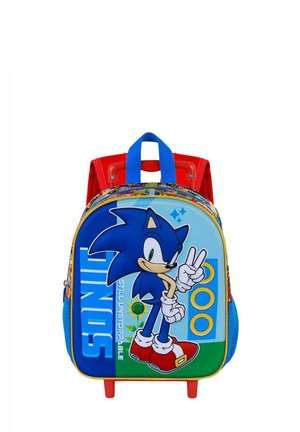 Mochila azul de Sonic the Hedgehog con acentos rojos, que presenta un gráfico de Sonic, cierre con cremallera, correas acolchadas y una base resistente.