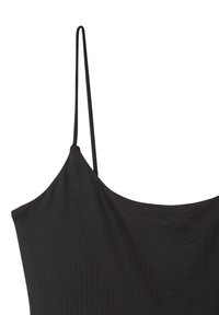 Camisola nera con spalline sottili, texture morbida e una silhouette leggermente drappeggiata, caratterizzata da un design semplice e minimale.