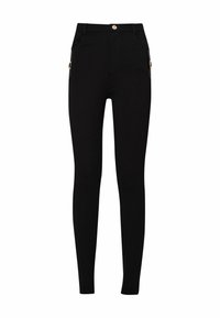 Pantalon noir ajusté avec poches avant équipées de détails en fermeture éclair dorée et fermeture à bouton doré à la taille.