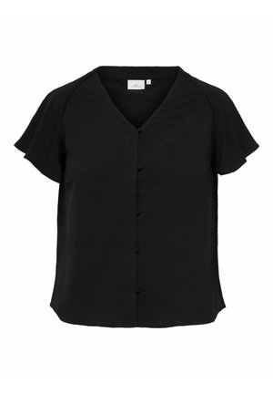 Schwarze Bluse mit kurzen Ärmeln, V-Ausschnitt, Knopfleiste vorne und Flatterärmeln, aus strukturiertem Stoff.