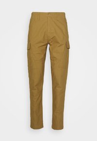 Khaki cargo kalhoty vyrobené z bavlny, s bočními kapsami, rovný střih, zapínání na knoflík a zpevněné panely na kolenou.