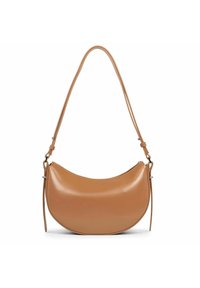Borsa a tracolla in pelle marrone chiaro con forma curvata a mezzaluna. Presenta una singola tracolla regolabile e una superficie liscia e lucida.