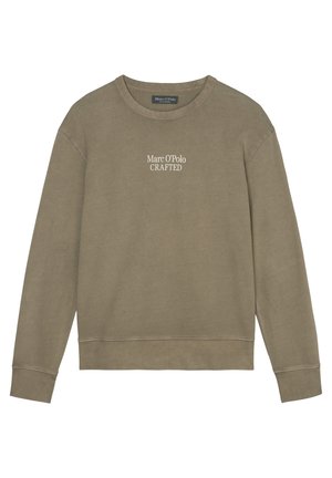 Sudadera verde oliva hecha de una mezcla de algodón. Presenta cuello redondo, mangas largas y texto "Marc O'Polo CRAFTED" en el pecho. Dobladillo acanalado.