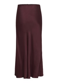 Burgunderfarbene Satin-Midirock mit glatter Textur, leicht ausgestellter Form, abgeschlossen mit einem zarten Saum und seitlichem Schlitz.