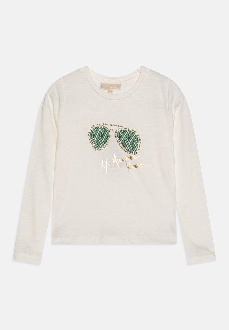 Langærmet cremefarvet t-shirt med et grønt grafisk solbrille-design, udsmykket med gyldne detaljer og dekorativ syning.