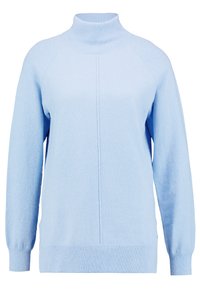Suéter de cuello alto azul claro con manga larga, hecho de una suave tela texturizada. Presenta un cuello y puños acanalados, con un corte relajado.