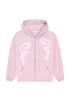 Valkoinen vetoketjuhuppari, jossa on suuri vaaleanpunainen abstrakti kuvio edessä. Sisältää hupun ja etutaskut. Pehmeä kangas.