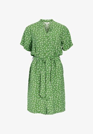 Robe florale verte en tissu léger. Dotée de manches courtes, d'un col, de boutons sur le devant et d'une taille nouée.