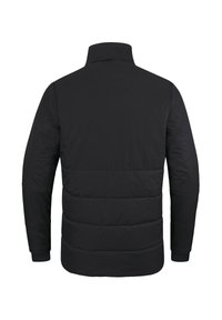 Schwarze isolierte Jacke mit hohem Kragen und langen Ärmeln, ausgestattet mit horizontalen Nähten und einer glatten, matten Oberfläche.