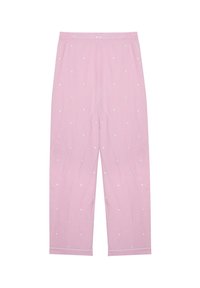 Roze pyjamabroek met een loose fit, voorzien van witte stippen, een elastische tailleband en een simpele manchetafwerking aan de onderkant.