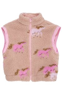 Vestă din fleece bej deschis, cu modele roz de cai, guler înalt și închidere cu fermoar. Căptușeală roz și design fără mâneci.