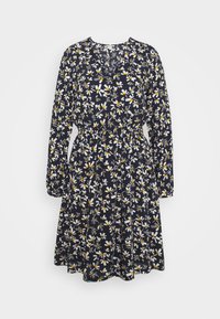 Vestido azul marino con patrón floral blanco y amarillo, mangas largas, cintura ceñida y escote en V, hecho de una tela ligera.