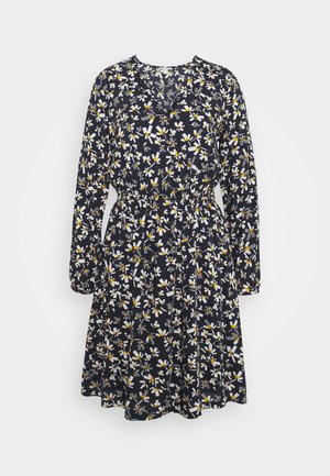 Marine jurk met een wit en geel bloemenpatroon, lange mouwen, een cinched taille en een V-halslijn, gemaakt van lichtgewicht stof.