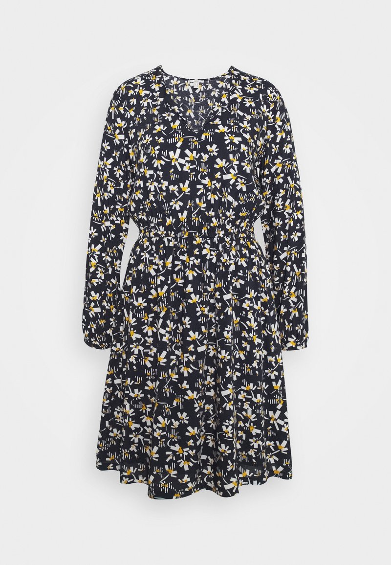 Vestido azul marino con patrón floral blanco y amarillo, mangas largas, cintura ceñida y escote en V, hecho de una tela ligera.