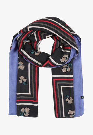 Écharpe noire avec des rayures géométriques rouges, grises et blanches, motifs floraux beiges et bords lavande unis, pliée lâchement.
