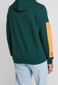 Hættetrøje i mørkegrøn med et orange akcentærme med tekst og linjer. Blød stof, standard pasform, ribkanter ved ærmer og kant.