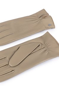Beige leather gloves featuring a smooth texture, gathered detailing on the wrist, and an accent near the cuff.