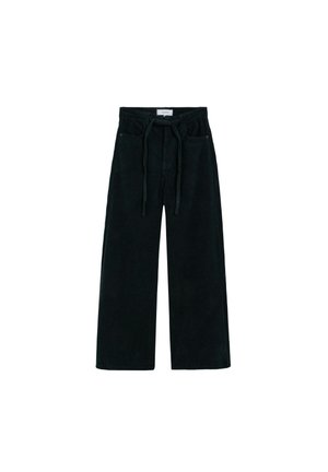 Pantalones de pana negros con un corte holgado, piernas anchas y cinturilla con cordón ajustable. Presenta bolsillos frontales y tela texturizada.