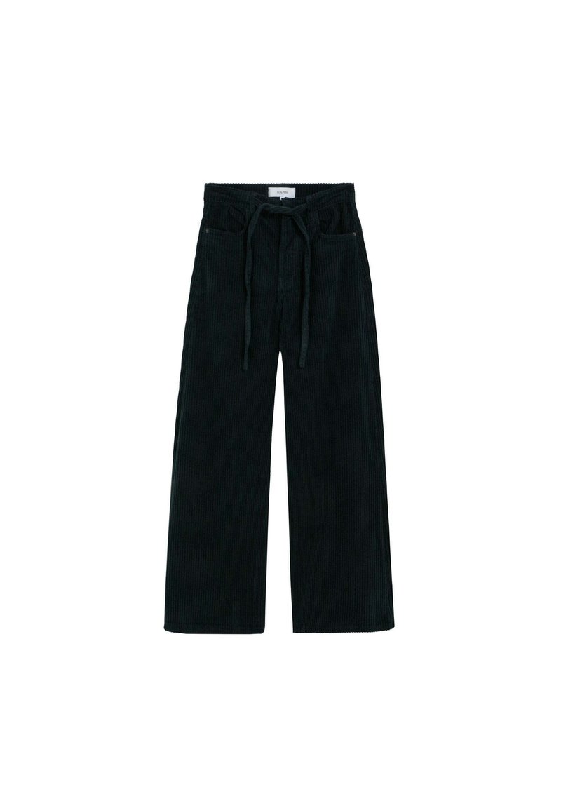 Pantalones de pana negros con un corte holgado, piernas anchas y cinturilla con cordón ajustable. Presenta bolsillos frontales y tela texturizada.
