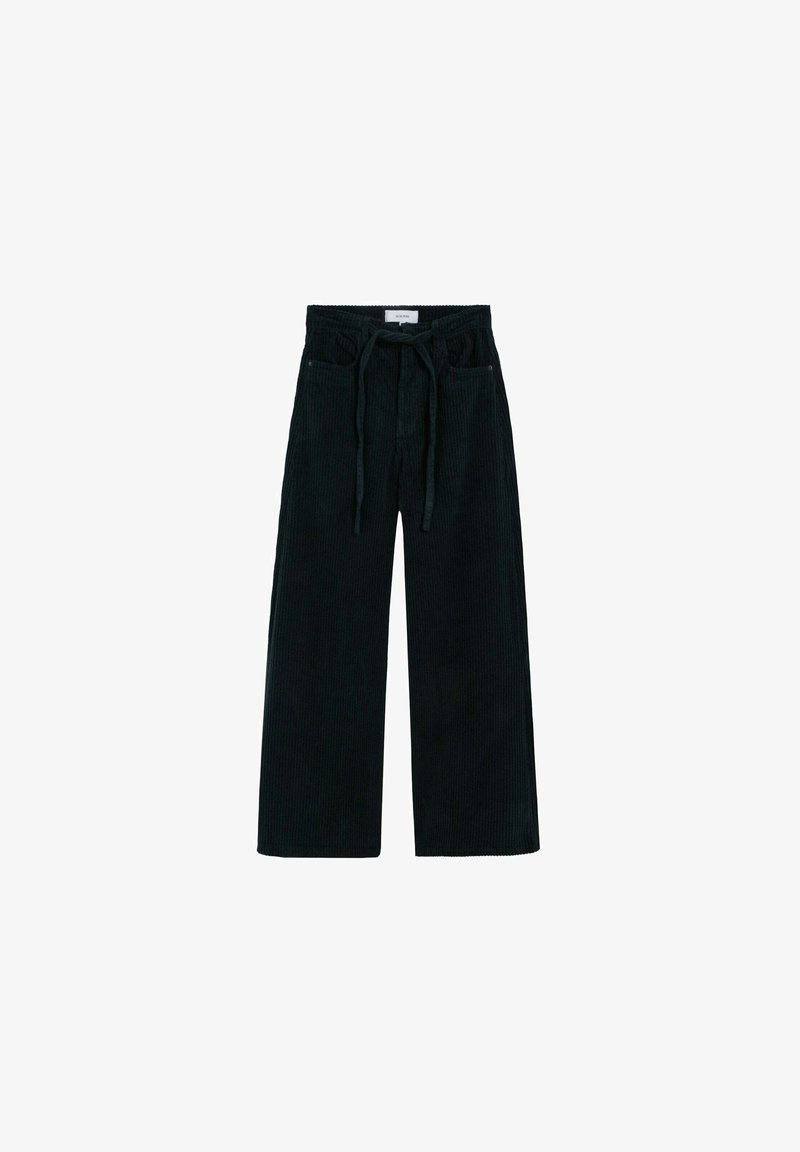 Schwarze Cordhosen mit lockerer Passform, weitem Bein und einem Kordelzugbund. Verfügt über Taschen vorne und ein strukturiertes Gewebe.