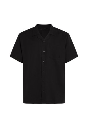 Black short-sleeve button-up shirt featuring a classic collar, a single chest pocket, and five front buttons. Made of lightweight fabric.