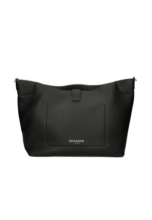 Schwarze Lederhandtasche mit einer strukturierten Oberfläche, weitem Öffnungsbereich und einer Fronttasche. Mit einem silbernen Logo. Mit Reißverschluss oben.