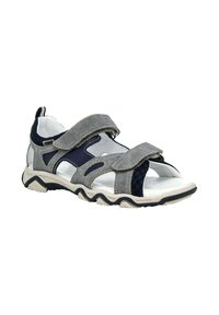 Sandali aperti grigi e blu navy con doppie cinghie a strappo, dettagli in rete e suole in gomma testurizzata presentano un design leggero.
