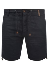 Shorts noirs en mélange de coton, avec une taille à cordon de serrage, une fermeture à bouton et de petits accents latéraux avec des détails marron.