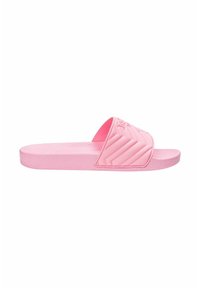 Pink slide sandal made of rubber with a textured strap featuring a zigzag design. The sole is flat and smooth, providing easy wear.