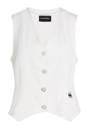 Fehér, ujjatlan mellény V-nyakkal, négy gombbal elöl, két első zsebbel és egy kis hímzett arccal, amely napszemüveget visel a jobb zsebben.