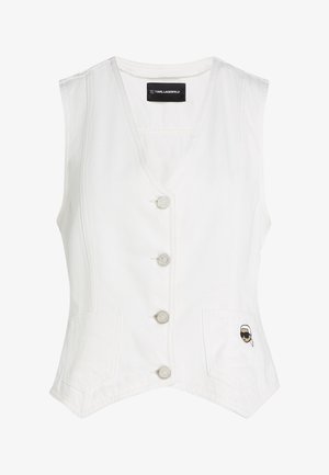 Λευκό αμάνικο γιλέκο με λαιμόκοψη V, τέσσερα κουμπιά στο μπροστινό μέρος, δύο μπροστινές τσέπες και μικρή κεντημένη μορφή προσώπου με γυαλιά ηλίου στην δεξιά τσέπη.