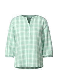 Blusa a quadretti verde chiaro con tessuto testurizzato. Caratterizzata da scollatura a V, maniche a tre quarti e bottoni decorativi lungo l'apertura.