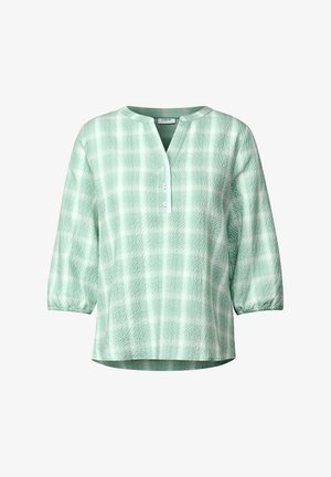 Hellgrüne karierte Bluse aus strukturierter Baumwolle. Verfügt über einen V-Ausschnitt, Dreiviertelärmel und dekorative Knöpfe an der Knopfleiste.