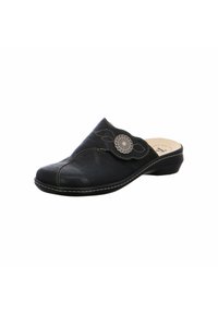 Black leather clog with a low heel, featuring decorative stitching and a floral accent on the side. Smooth texture with rounded toe.