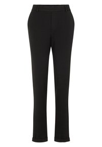 Pantalon noir en tissu lisse, avec une coupe droite, des passants de ceinture et un ourlet à poignet pour un look soigné.