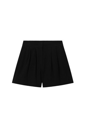 Short noir taille haute avec plis devant et ceinture ajustée, présenté sur fond blanc.