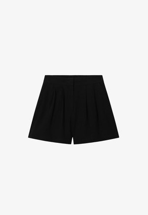 Short noir taille haute avec plis devant et ceinture ajustée, présenté sur fond blanc.