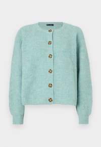 Απαλό πλεκτό γαλάζιο ζακέτα με στρογγυλή λαιμόκοψη, μακριά μανίκια, ριμπ μανσέτες και έξι καφέ μαρμάρινα κουμπιά μπροστά.